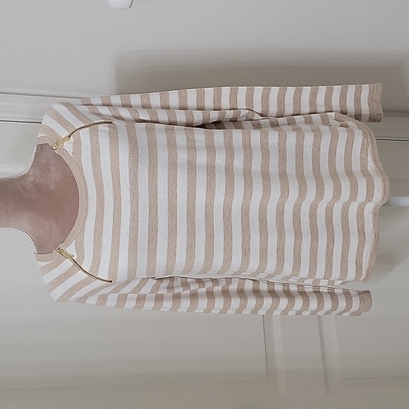 Michael Michael Kors Size M Tan & Ivory Striped Knit Long Sleeve Lightweight Top - Picture 1 of 10